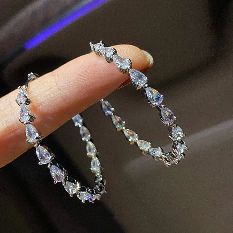 Huitan Luxury Pear Cubic Zirconia Crystal Hoop Earrings for Women Daily Wear Statement Accessories Modern Fashion Jewelry