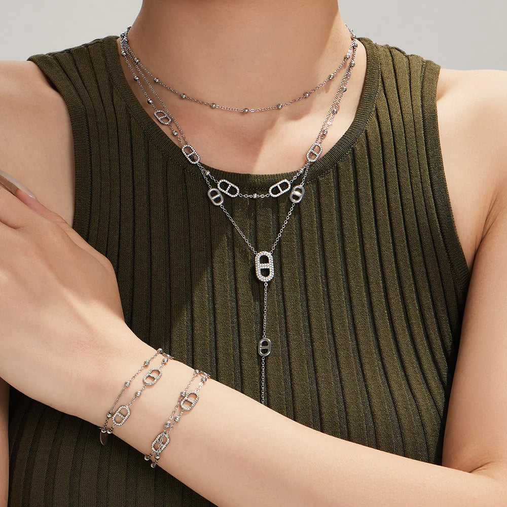 Dainty Layered Chain Necklaces Bracelets for Women 18k Gold Plated With Zircon Charm Stainless Steel Y Necklace Bracelet Set