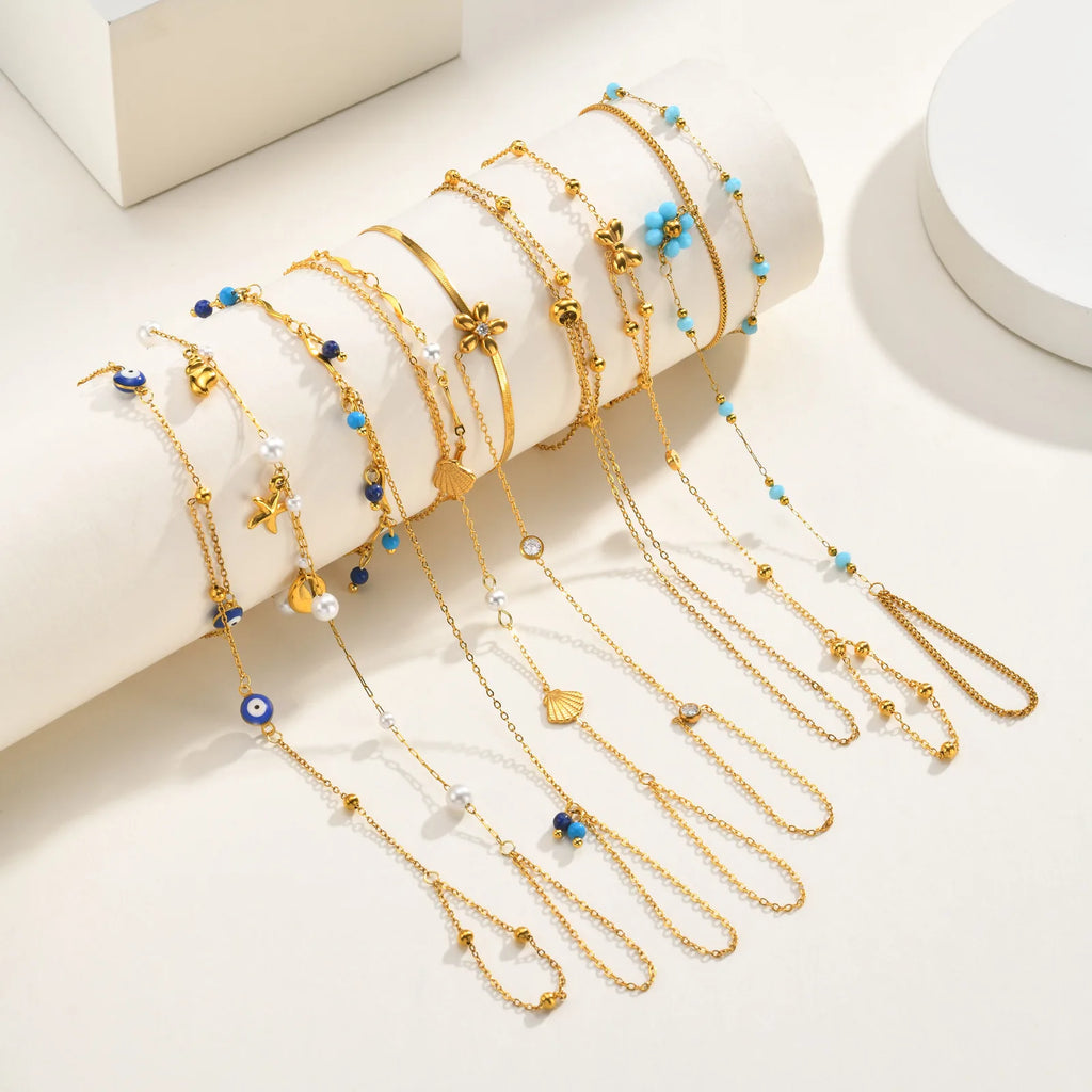 Layered Hand Chain Ring Bracelet for Women, Lapis Lazuli Turquoise Gold Plated Stainless Steel, Statement Party Birthday Jewelry