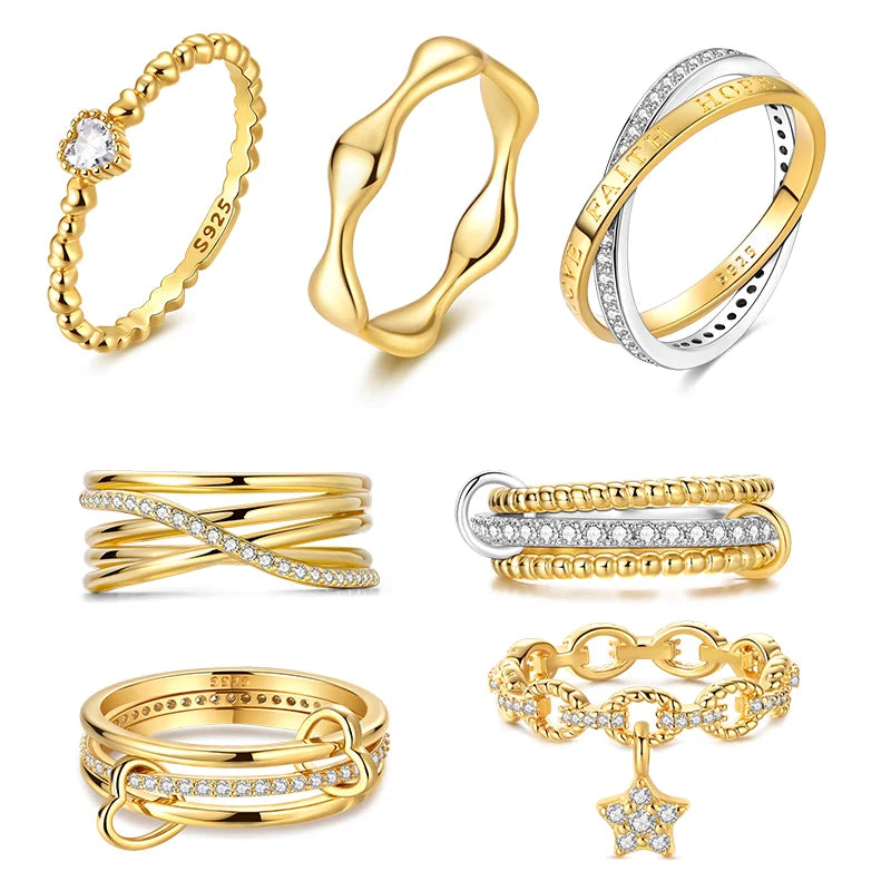 New In 925 Sterling Silver Golden Ring Simple Ring Zircon Stars Heart Fashion Luxury for Women Party Anniversary Wedding Gift