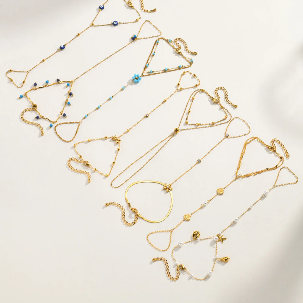 Layered Hand Chain Ring Bracelet for Women, Lapis Lazuli Turquoise Gold Plated Stainless Steel, Statement Party Birthday Jewelry