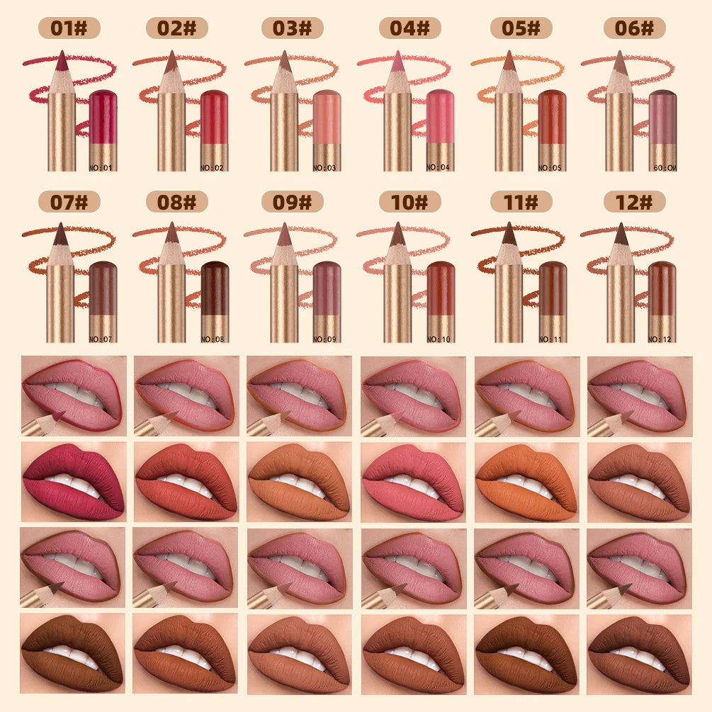 QIBEST 12 PCS Lipliner Sets Waterproof Matte Lip Pencil Lipstick Lasting Lip Liner Pen Smooth Nude Lipstick Pen For Cosmetics