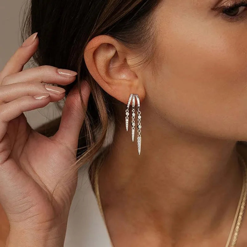 Silver Plated Tassel Hoop Earrings for Women with CZ Crystals Dainty Layered Drop Earrings Trendy Elegant Party Jewelry Gift
