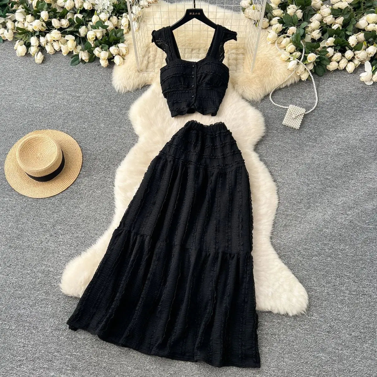 Harajuku Skirt Sets Camisole Top High Waist Pleated Half Skirt Piece Set Solid Color Casual Dress Two Piece Sets Womens Outfits
