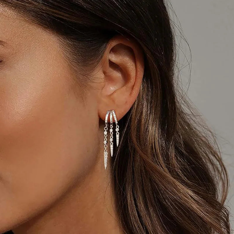 Silver Plated Tassel Hoop Earrings for Women with CZ Crystals Dainty Layered Drop Earrings Trendy Elegant Party Jewelry Gift