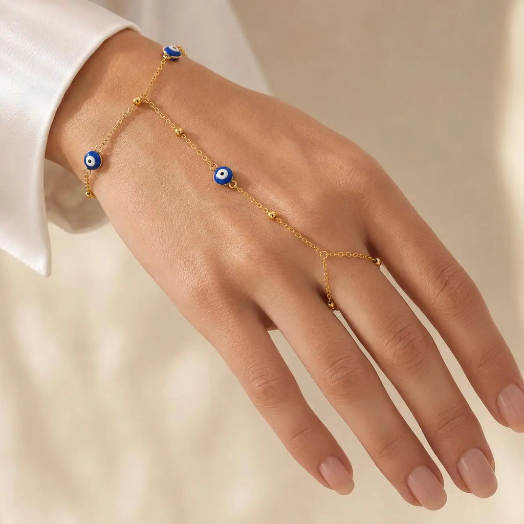 Layered Hand Chain Ring Bracelet for Women, Lapis Lazuli Turquoise Gold Plated Stainless Steel, Statement Party Birthday Jewelry