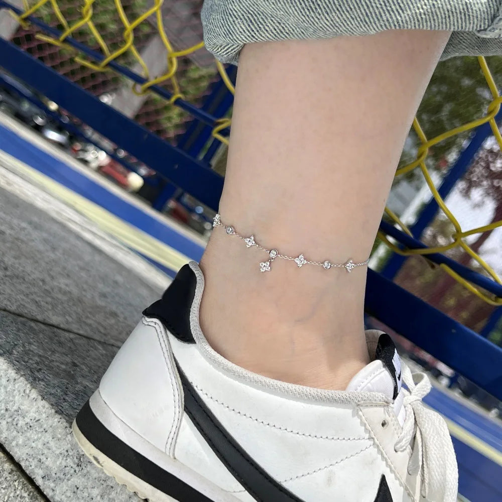 925 Sterling Silver Clover Design Ankle Bracelet for Women Dainty CZ Charm Chain Anklet Adjustable Lucky Flower Foot Jewelry