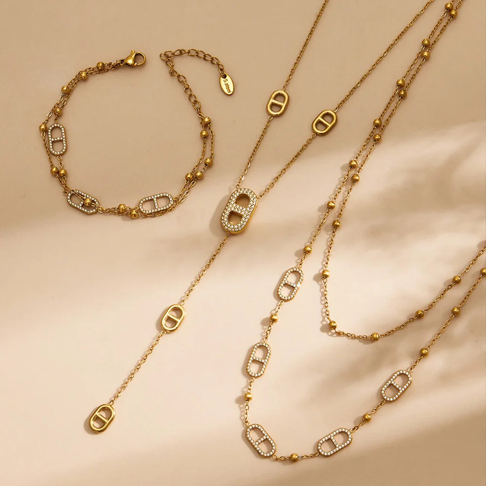 Dainty Layered Chain Necklaces Bracelets for Women 18k Gold Plated With Zircon Charm Stainless Steel Y Necklace Bracelet Set
