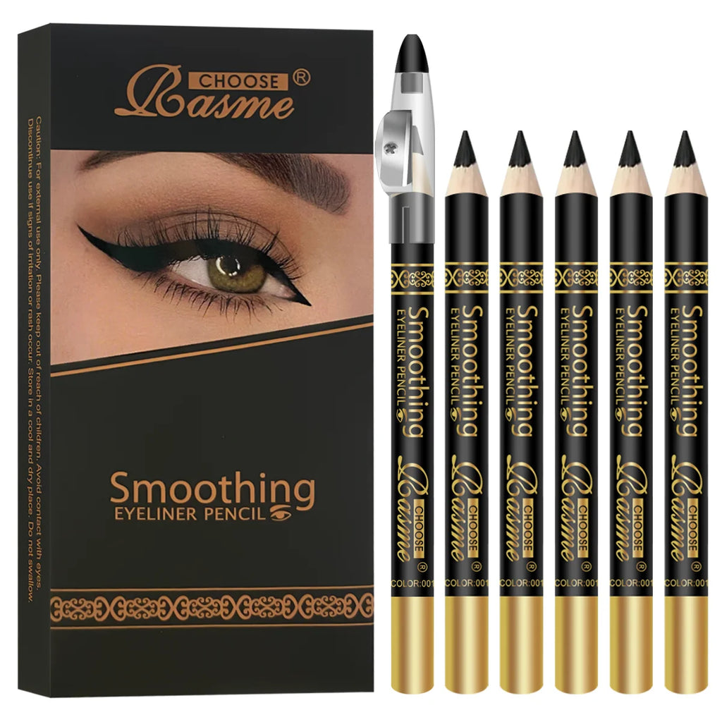 6-Piece Black Eyeliner Pencil Set Pure Black Outline Eyeliner Durable Waterproof and Sweat Proof